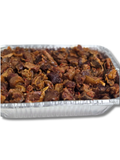 Tray of dried goat meat barbecue on a white background
