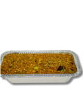 Aluminum pan with food on a white background